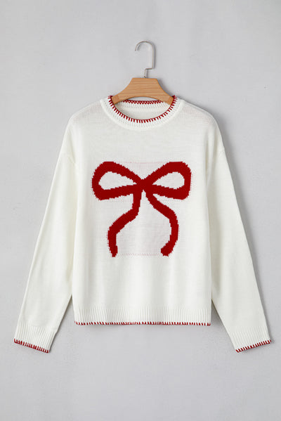 White Sweet Bow Long Sleeve Knit Sweater
