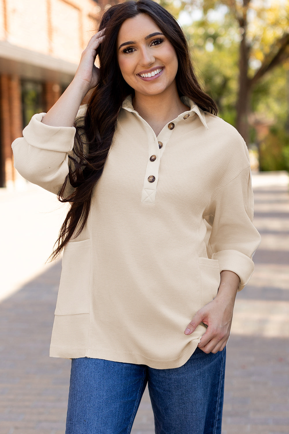 Jet Stream Waffle Long Sleeve Collar Half Button Loose Top - Roses
