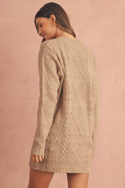 Coffee Twist Cable Knit Drop Shoulder Loose Fit Sweater Dress - Roses