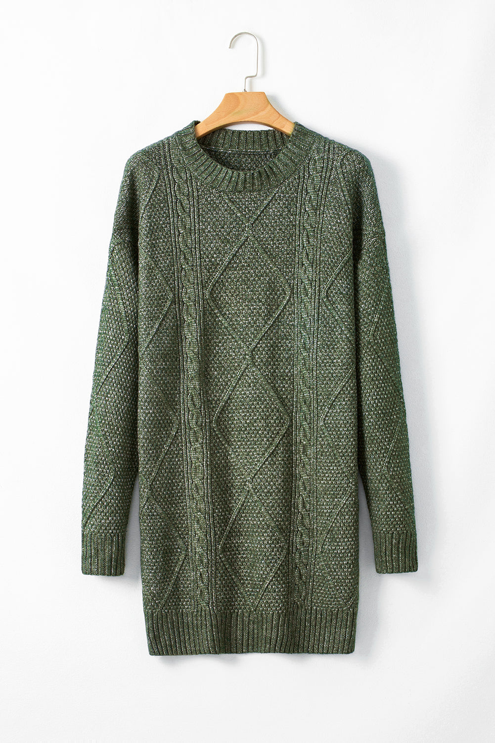 Coffee Twist Cable Knit Drop Shoulder Loose Fit Sweater Dress - Roses