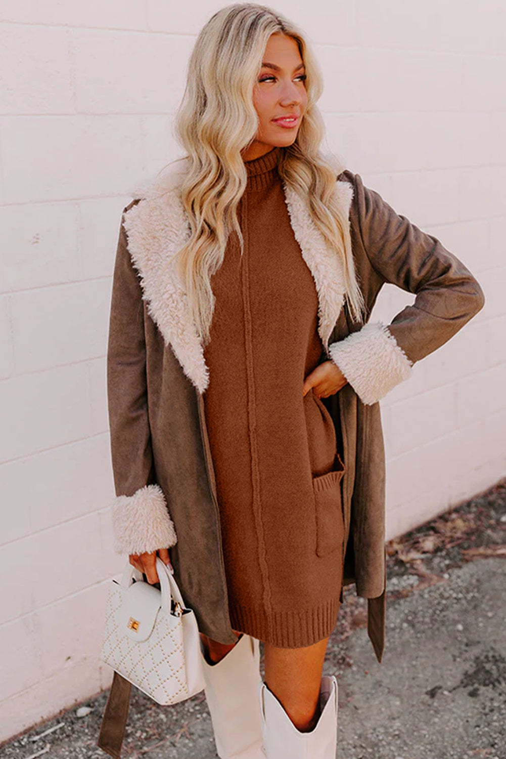 Chestnut Ribbed High Neck Front Pockets Center Seam Shift Sweater Dress - Roses