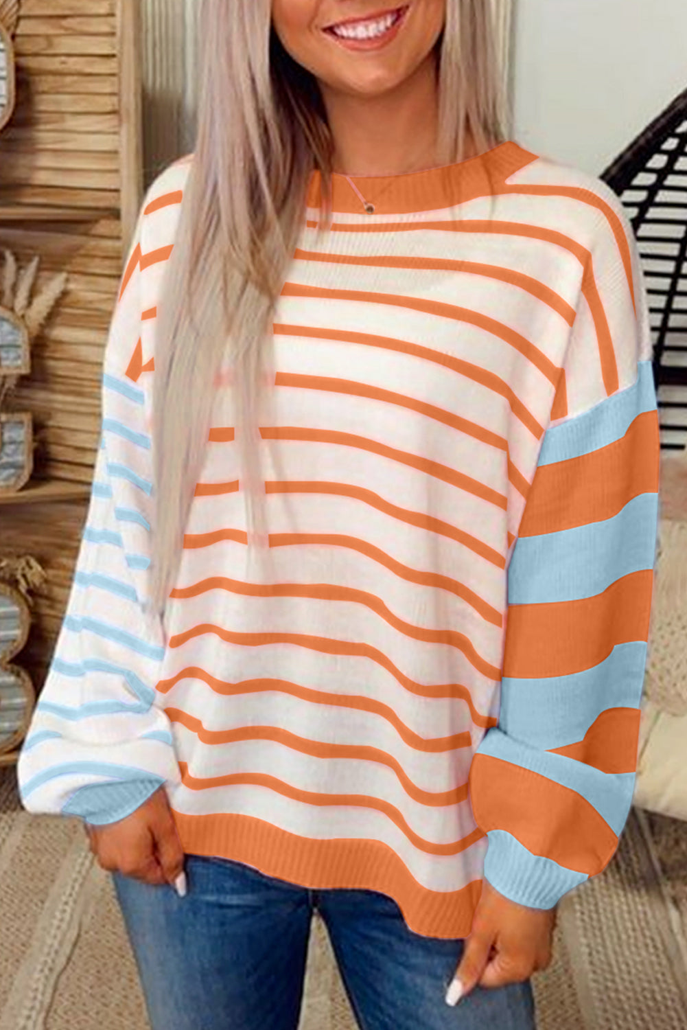 Orange Striped Colorblock Pullover Sweater - Roses