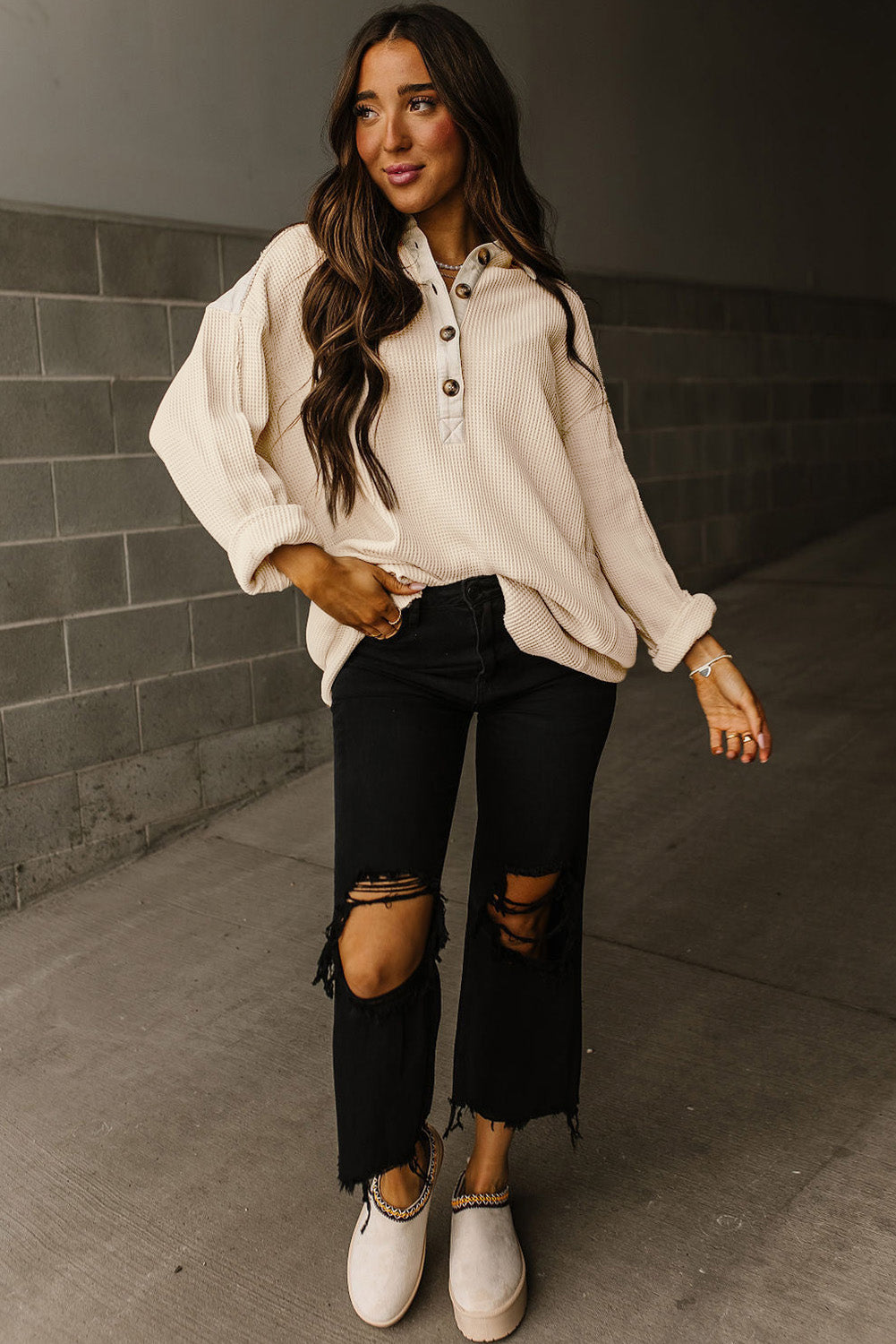 Jet Stream Waffle Long Sleeve Collar Half Button Loose Top - Roses