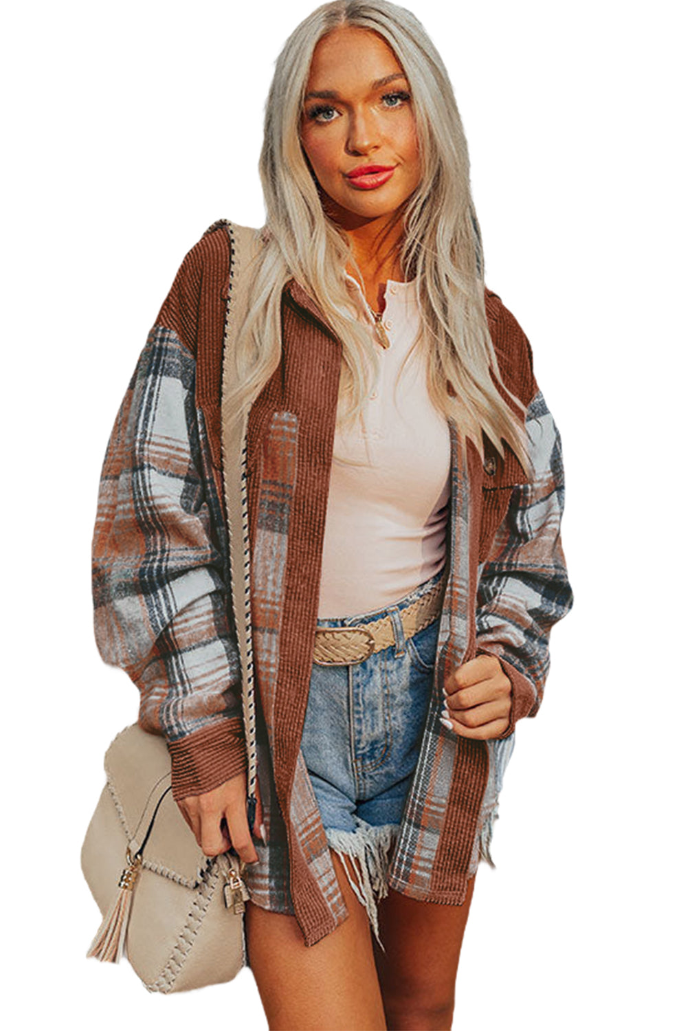 Cinnamon Plaid Corduroy Patchwork Pocket Loose Shacket - Roses