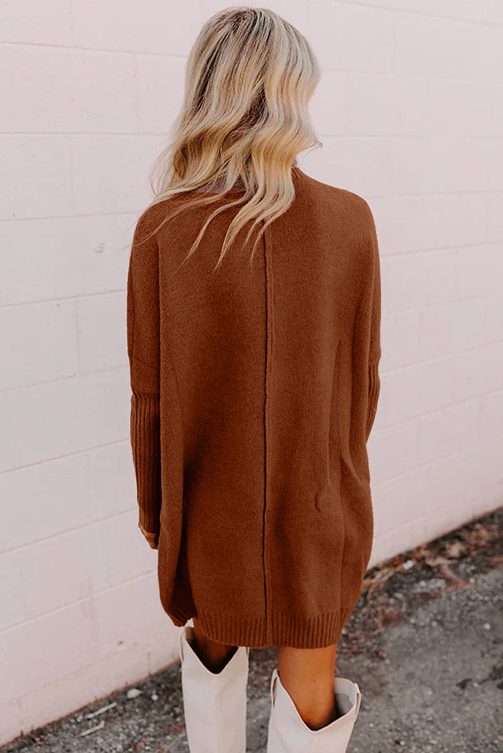 Chestnut Ribbed High Neck Front Pockets Center Seam Shift Sweater Dress - Roses