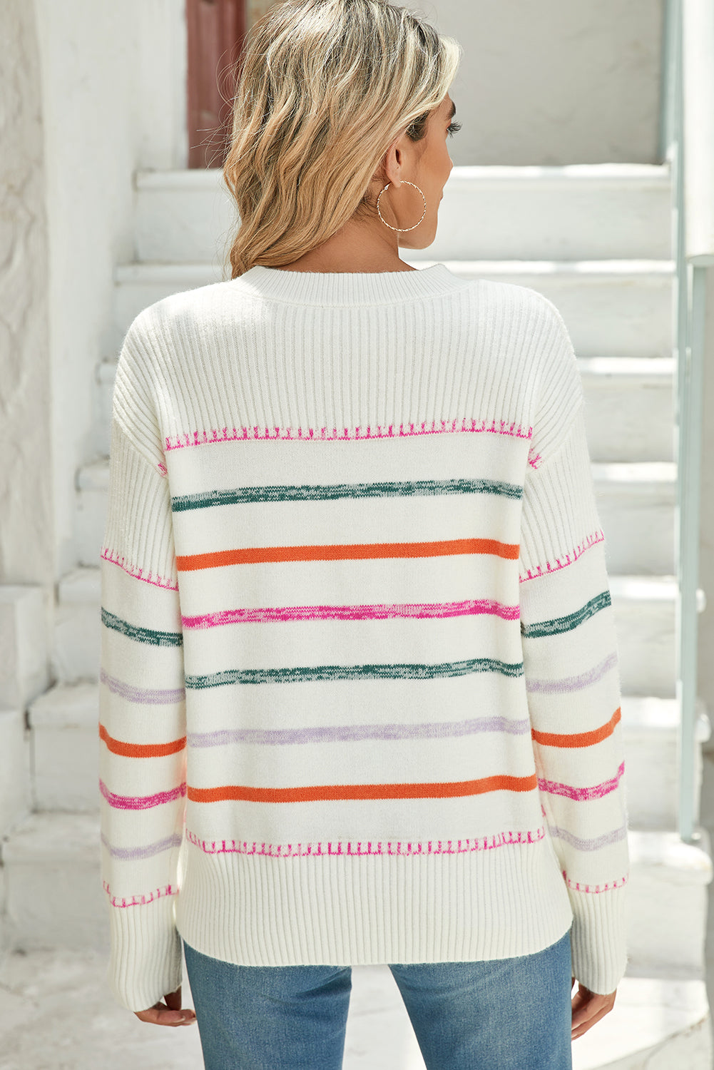 Black Colorful Striped Ribbed Trim Round Neck Sweater - Roses