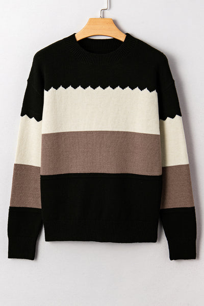 Black Colorblock Crew Neck Drop Shoulder Sweater - Roses