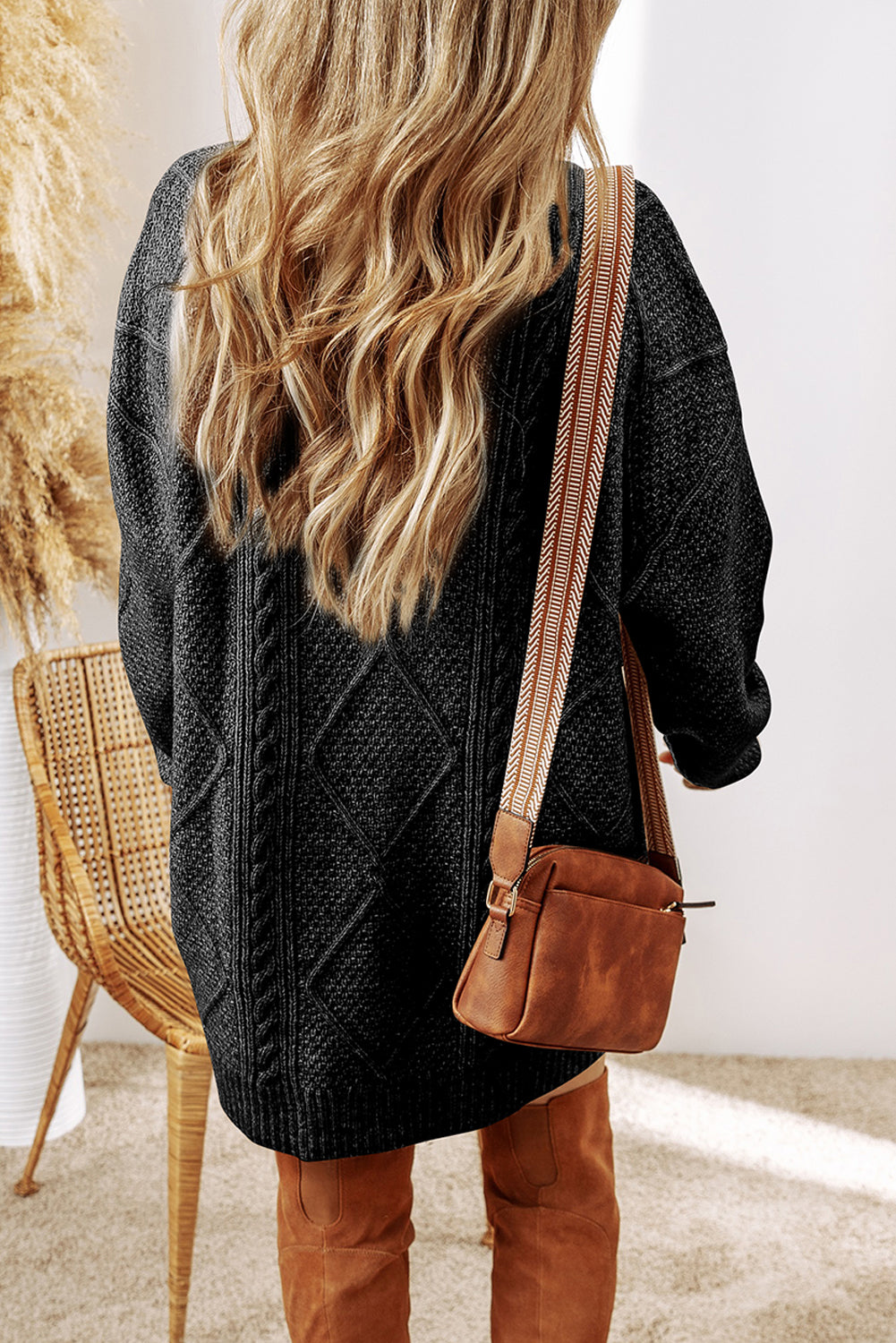 Parchment Cable Knit Drop Shoulder Loose Fit Sweater Dress - Roses