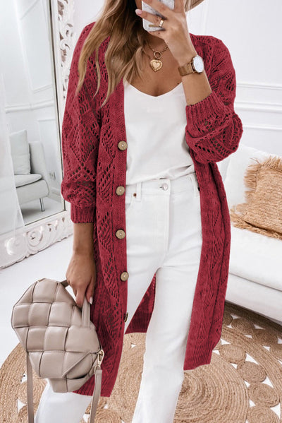 Red Button Up Hollow Out Loose Long Cardigan - Roses
