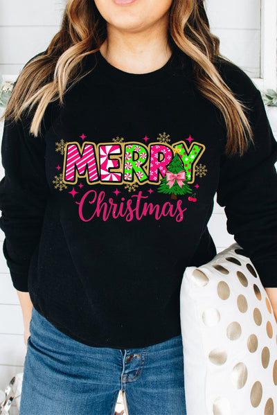 Black MERRY Christmas Playful Letter Print Drop Shoulder Sweatshirt