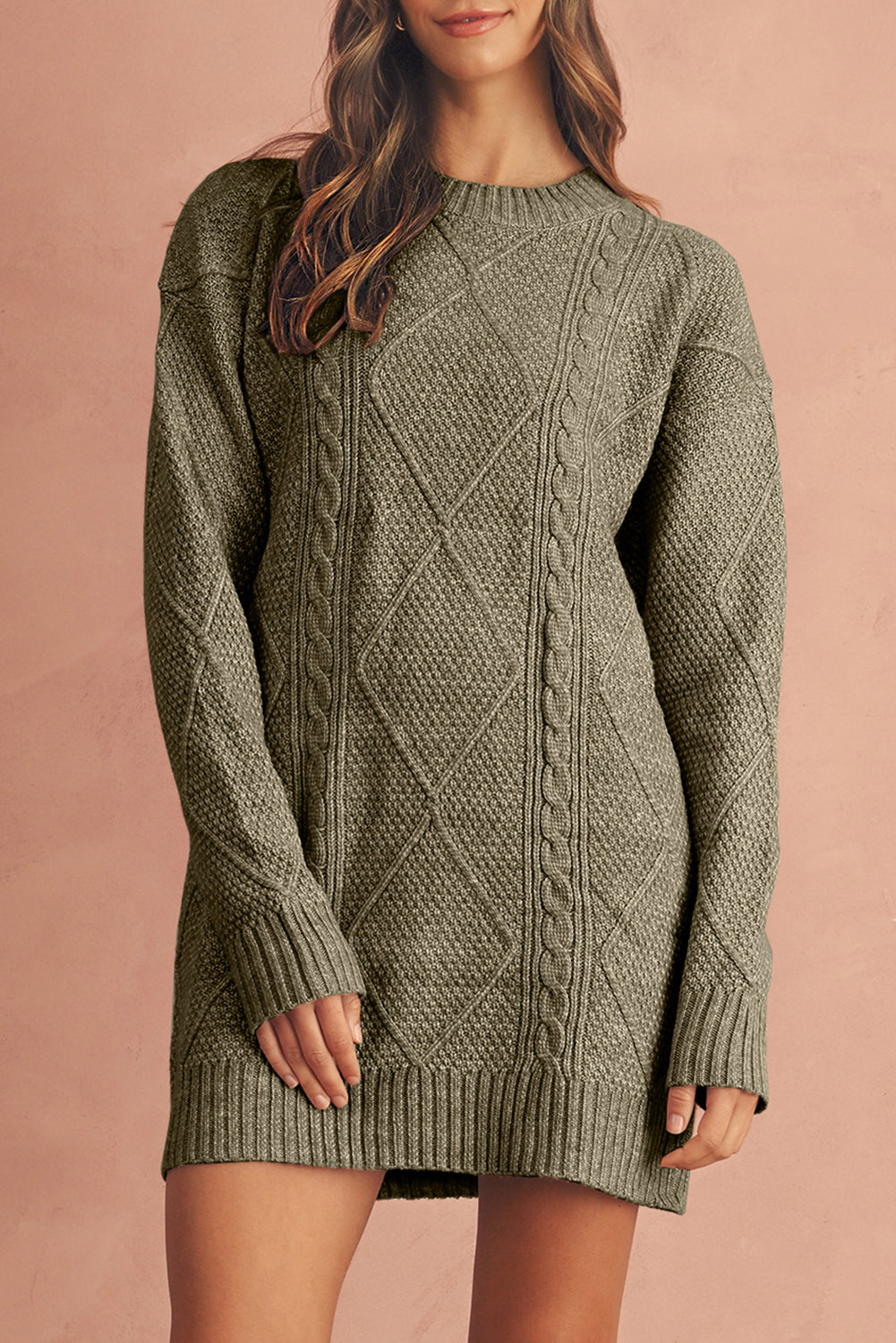 Coffee Twist Cable Knit Drop Shoulder Loose Fit Sweater Dress - Roses