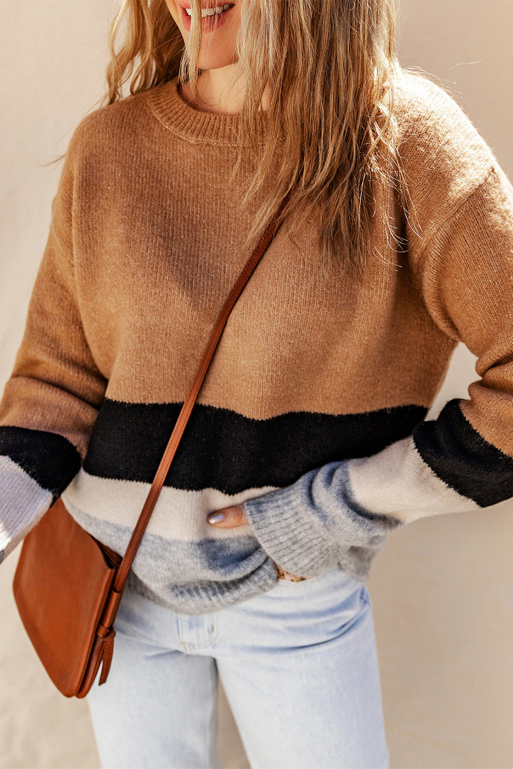 Brown Casual Striped Colorblock Ribbed Knit Sweater - Roses