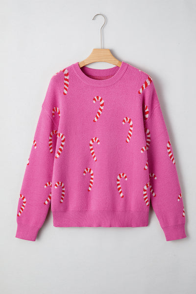 Sachet Pink Christmas Candy Cane Holiday Drop Shoulder Sweater