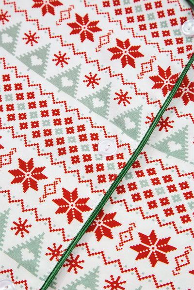 White Christmas Pattern Print Shirt Style Long 2pcs Pajama Set