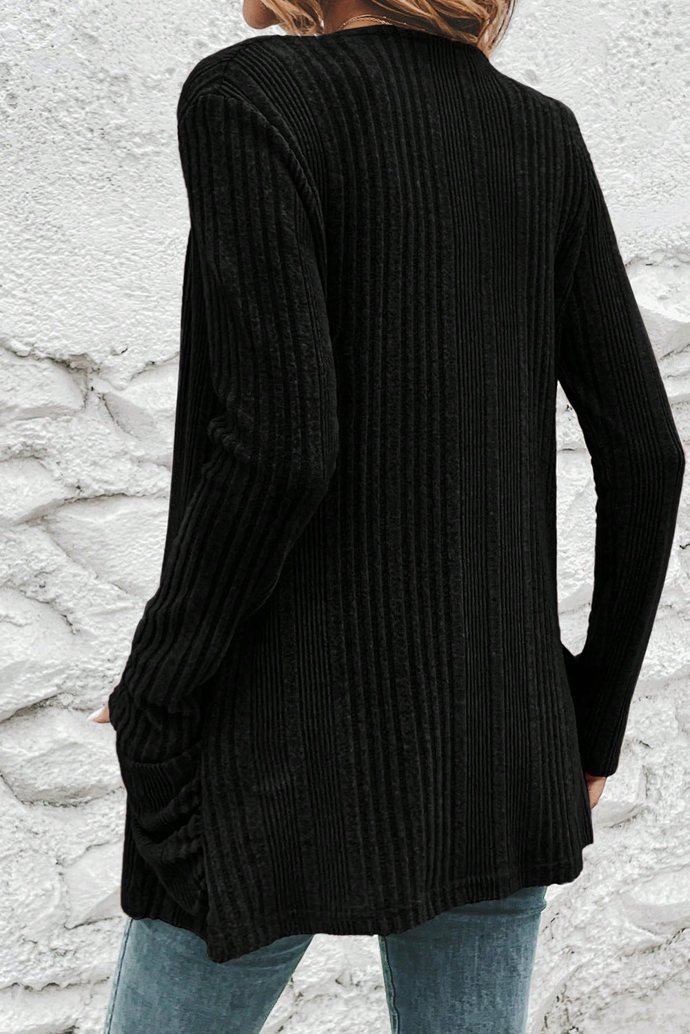 Black Ribbed Open Front Knitted Top with Pockets - Roses
