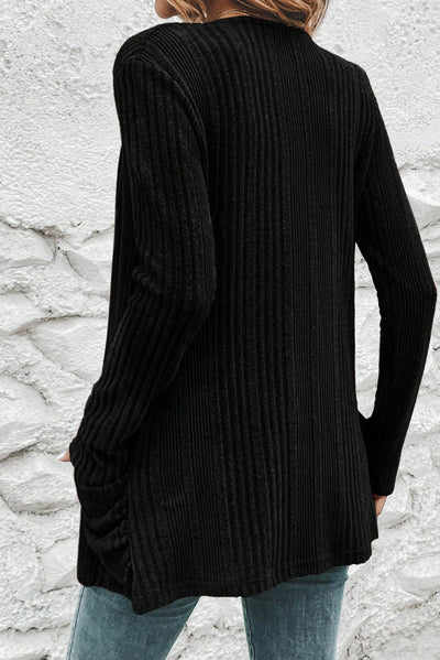 Black Ribbed Open Front Knitted Top with Pockets - Roses