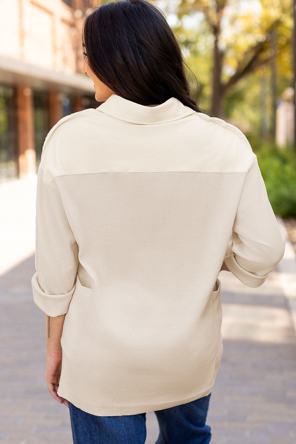 Jet Stream Waffle Long Sleeve Collar Half Button Loose Top - Roses