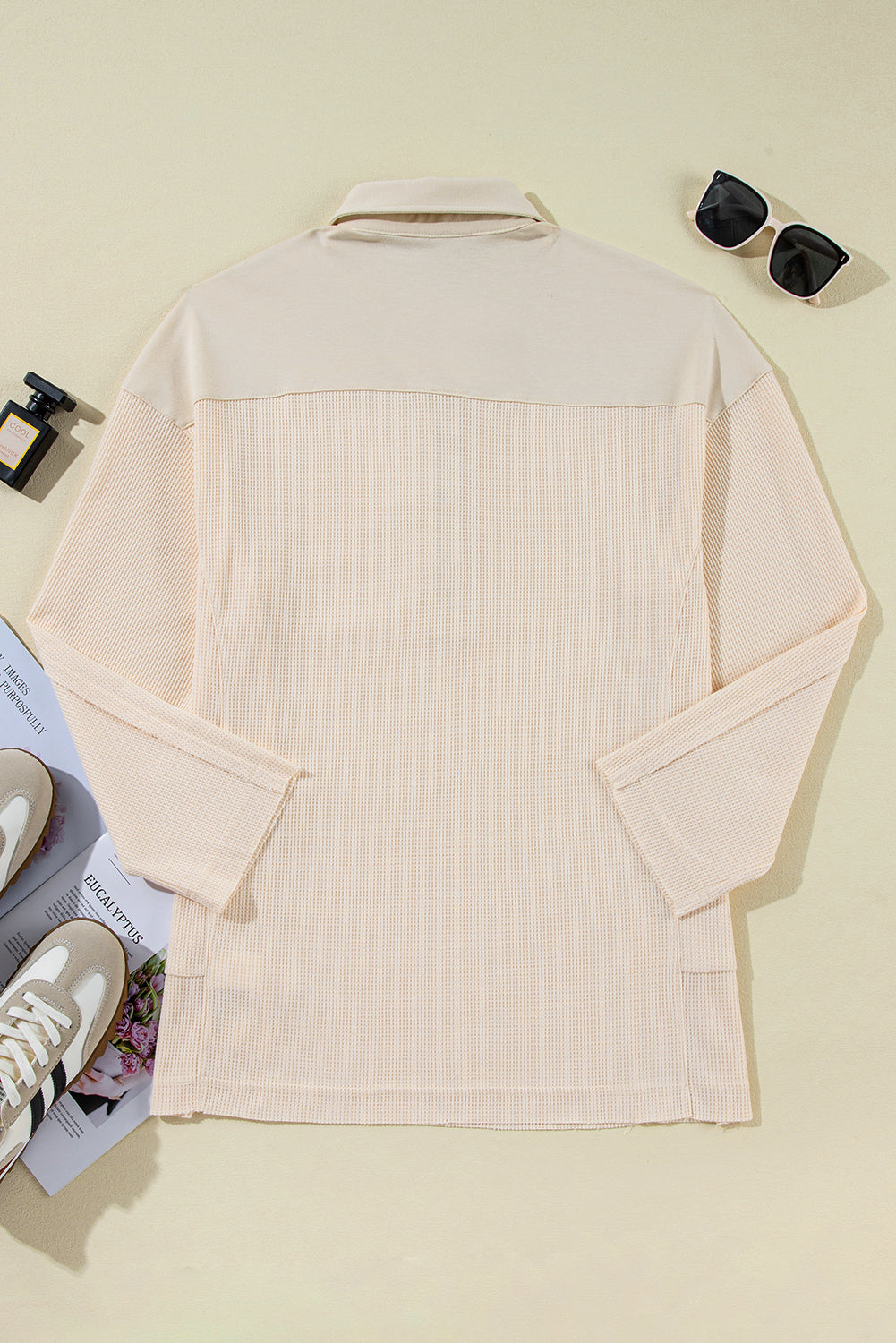 Jet Stream Waffle Long Sleeve Collar Half Button Loose Top - Roses