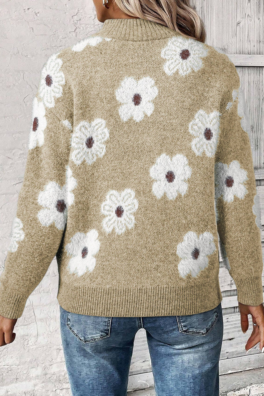 Gray Vintage 60s Floral Pattern Half Zip Collar Drop Shoulder Sweater - Roses