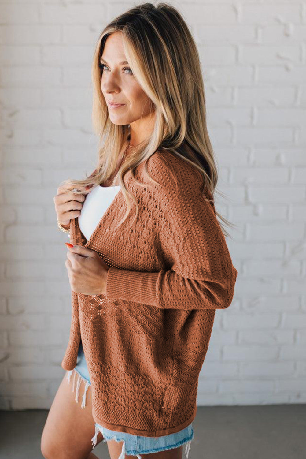 Redwood Burl Mix Pattern Hollow Knit Open Front Cardigan - Roses