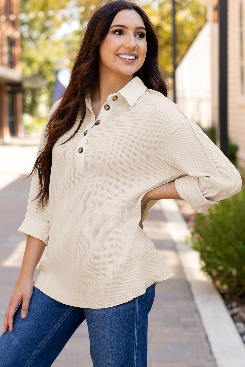 Jet Stream Waffle Long Sleeve Collar Half Button Loose Top - Roses
