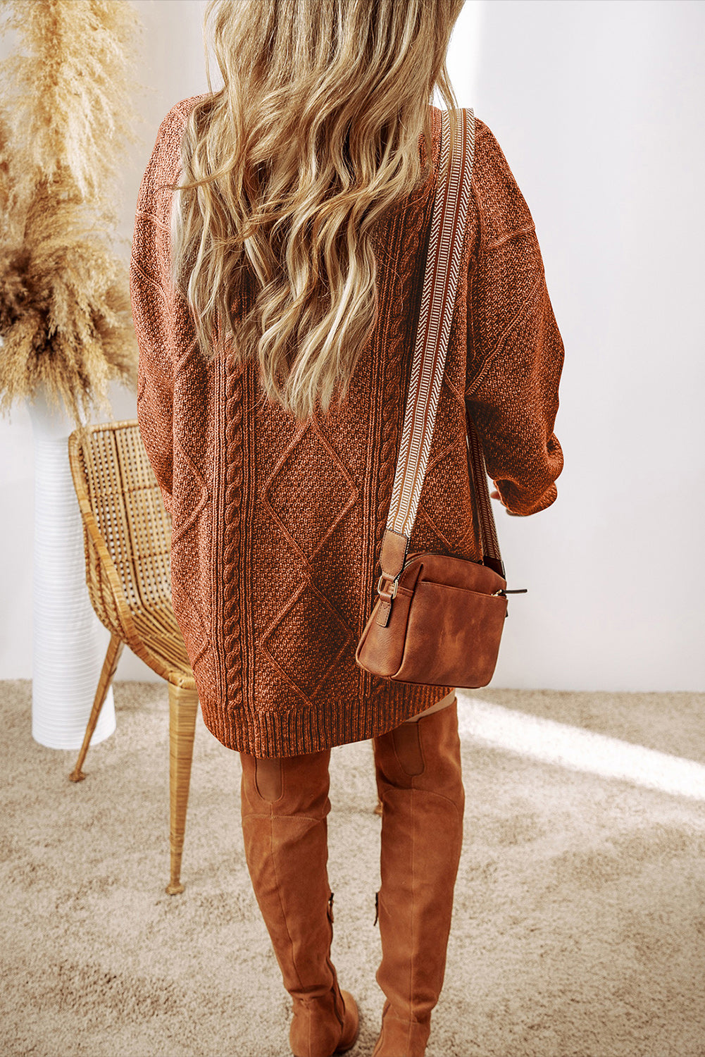 Coffee Twist Cable Knit Drop Shoulder Loose Fit Sweater Dress - Roses