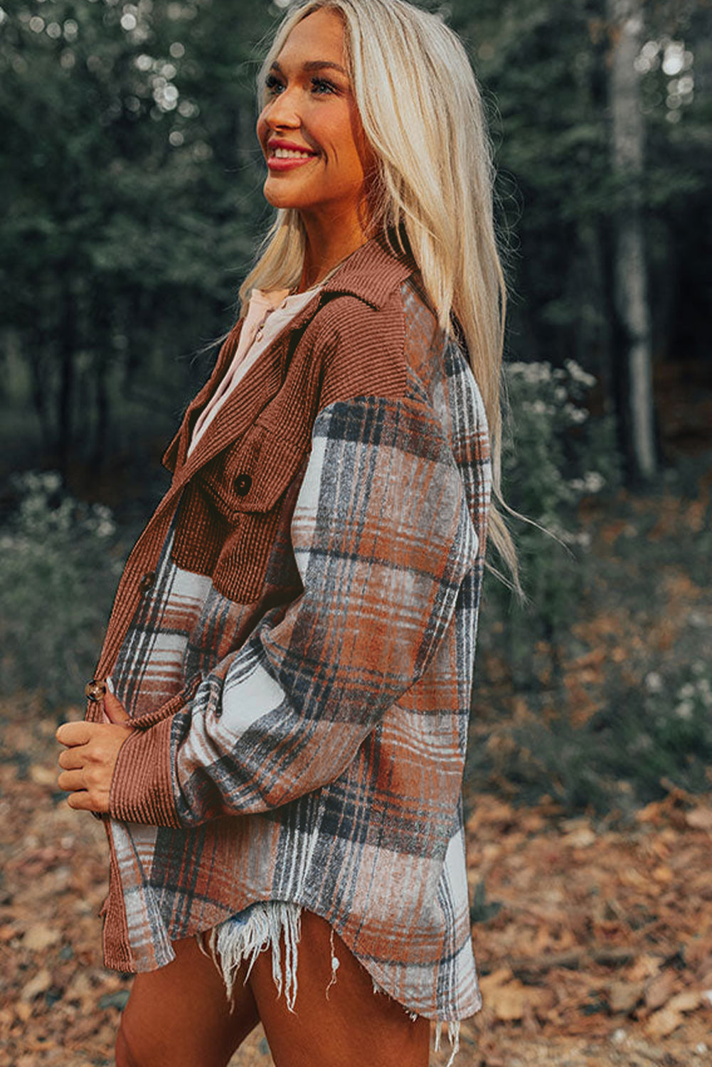 Cinnamon Plaid Corduroy Patchwork Pocket Loose Shacket - Roses