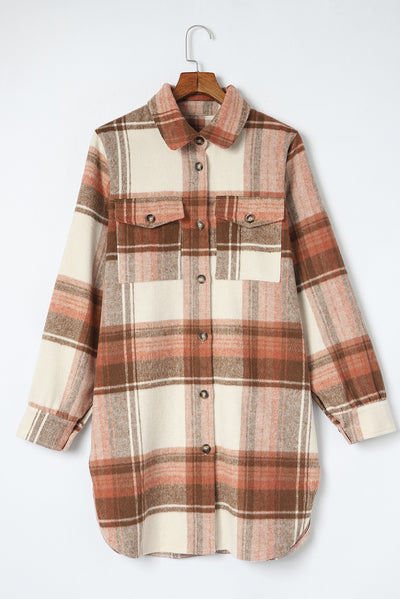 Brown Plaid Casual Button Up Long Shacket with Flap Pockets