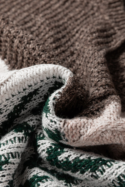 Brown Colorblock Patchwork Knotted Back Loose Fit Sweater - Roses