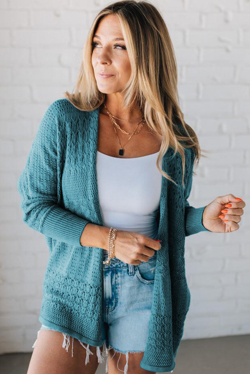 Redwood Burl Mix Pattern Hollow Knit Open Front Cardigan - Roses