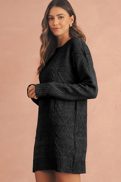 Coffee Twist Cable Knit Drop Shoulder Loose Fit Sweater Dress - Roses