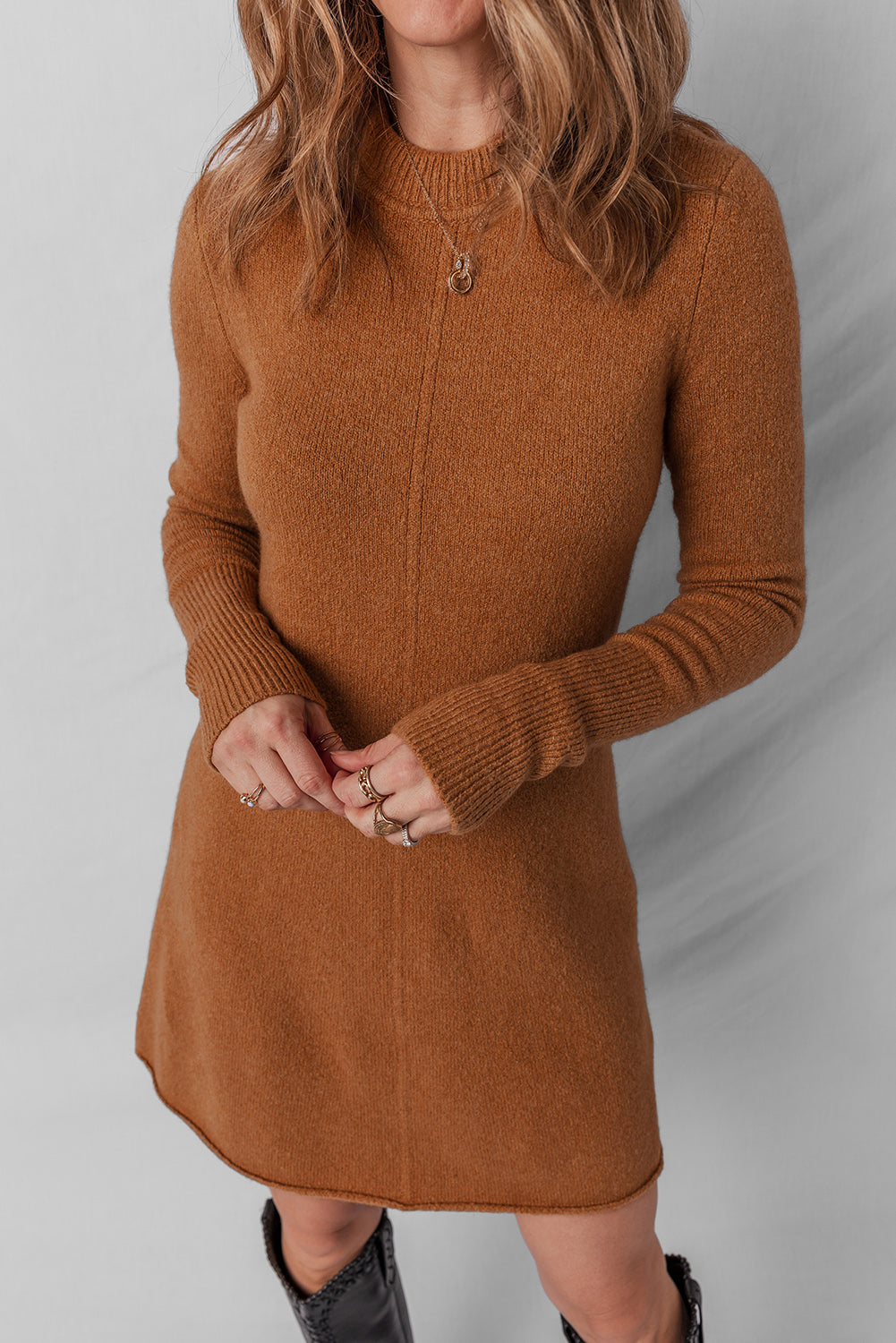 Straw Yellow Ribbed Detail Solid Color Mini Sweater Dress - Roses