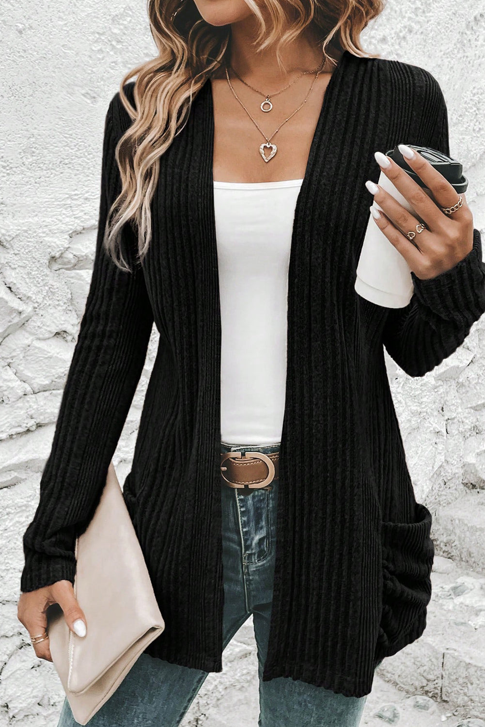 Black Ribbed Open Front Knitted Top with Pockets - Roses