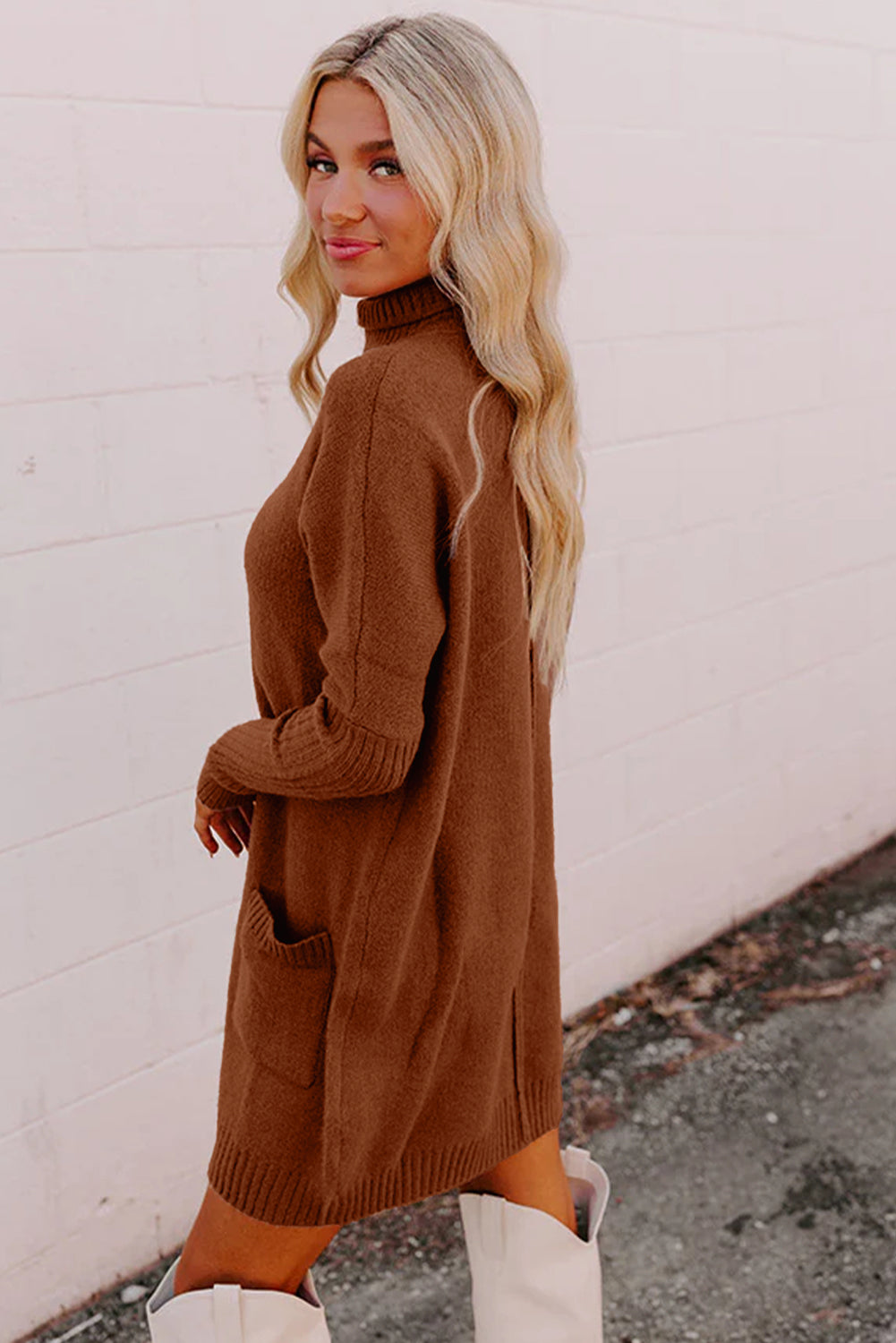 Chestnut Ribbed High Neck Front Pockets Center Seam Shift Sweater Dress - Roses