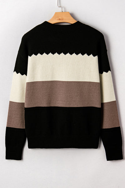Black Colorblock Crew Neck Drop Shoulder Sweater - Roses