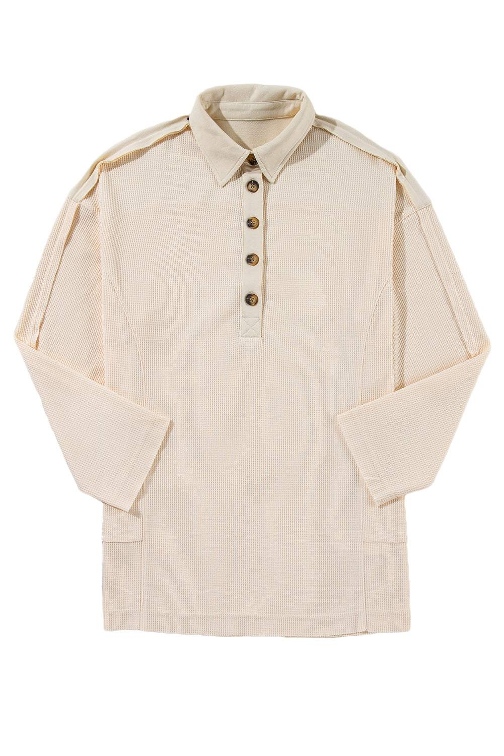 Jet Stream Waffle Long Sleeve Collar Half Button Loose Top - Roses