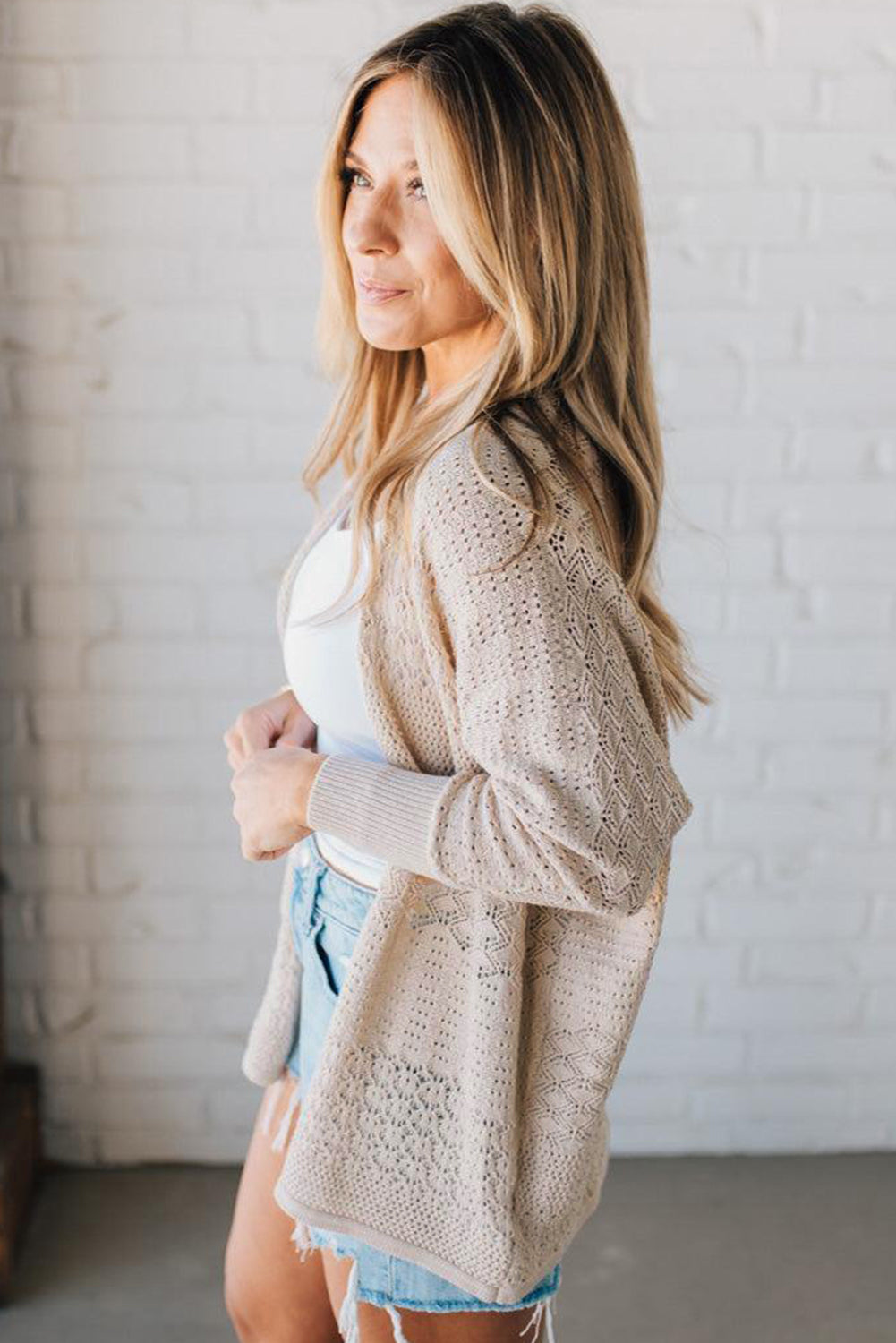 Redwood Burl Mix Pattern Hollow Knit Open Front Cardigan - Roses