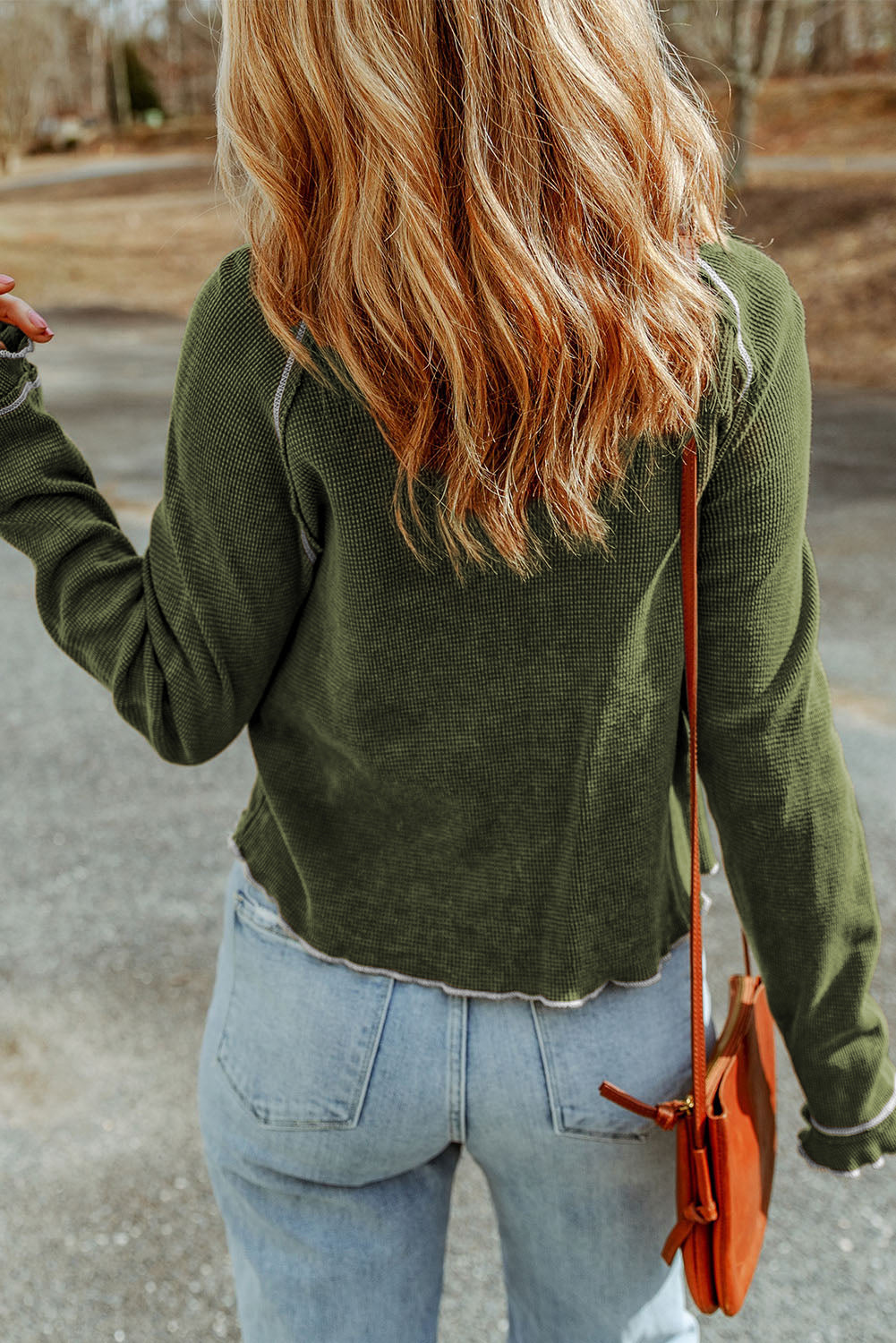 Green Textured Round Neck Long Sleeve Top - Roses