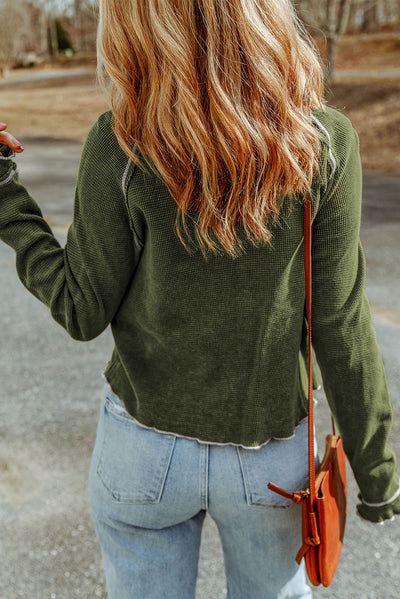 Green Textured Round Neck Long Sleeve Top - Roses