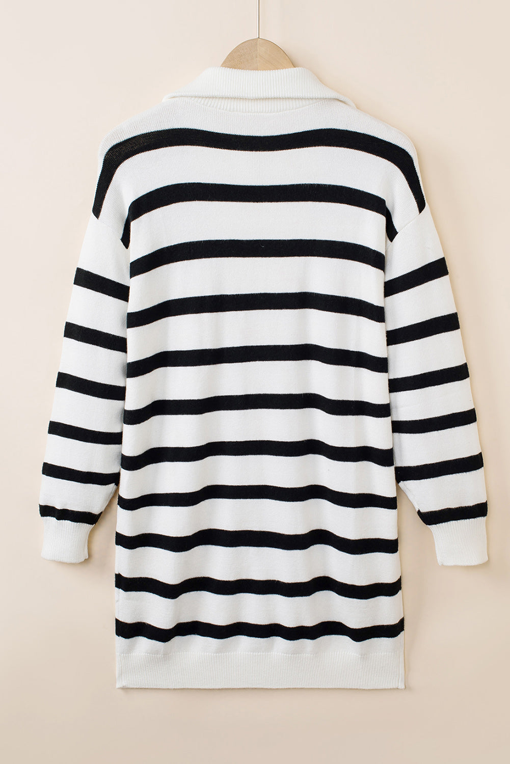 White Striped O-ring Zip Collared Loose Sweater Mini Dress - Roses