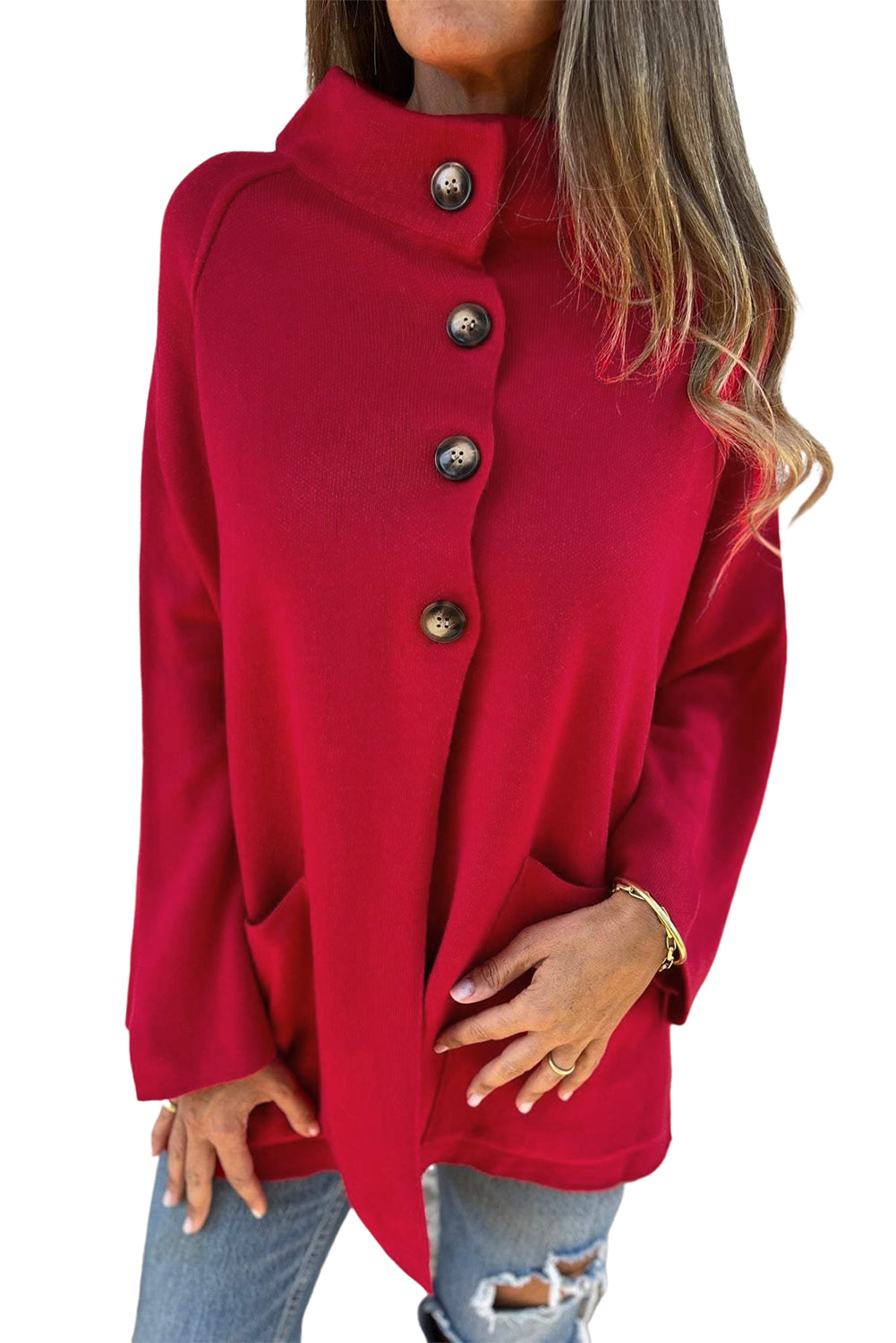 Fiery Red Solid Color Mock Collar Loose Jacket