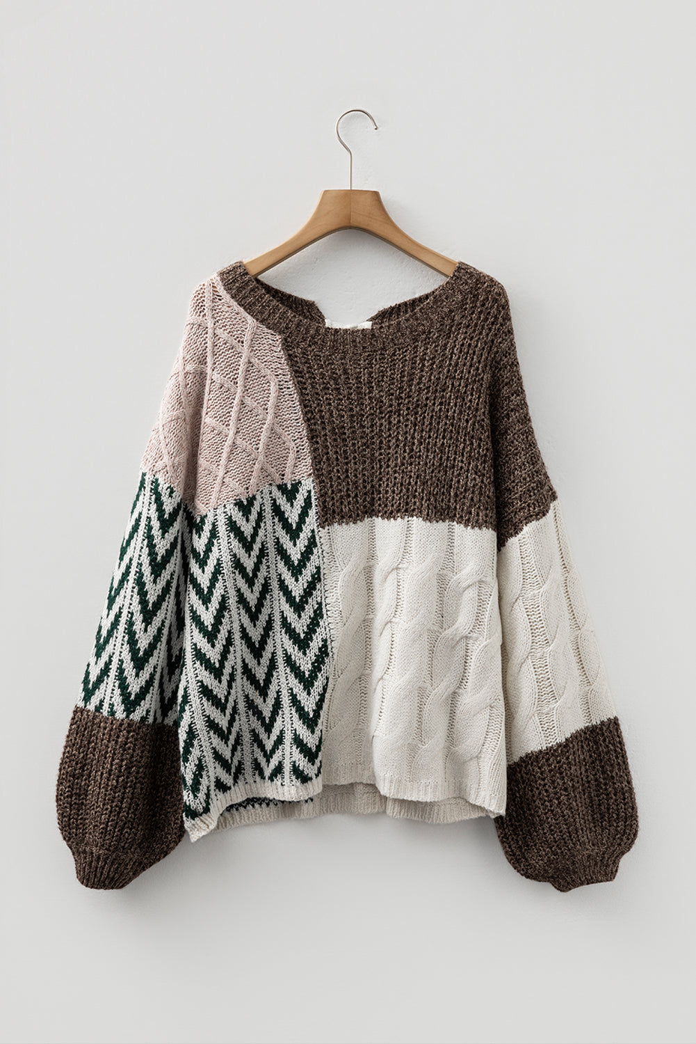 Brown Colorblock Patchwork Knotted Back Loose Fit Sweater - Roses