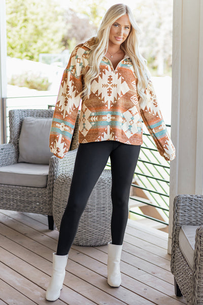 Green Quarter Zip Elastic Cuffs Aztec Sweatshirt