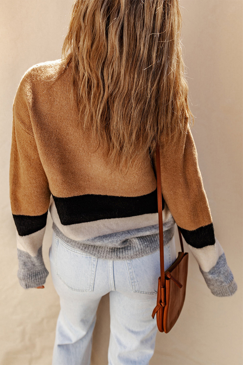 Brown Casual Striped Colorblock Ribbed Knit Sweater - Roses
