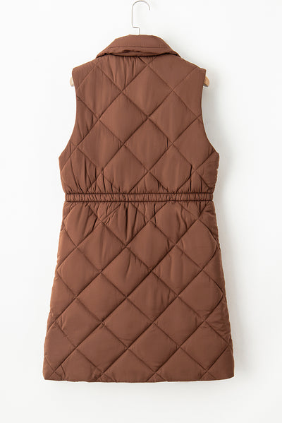Coffee Puffer Quilted Stand Collar Pocketed Vest Coat