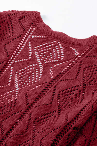 Red Button Up Hollow Out Loose Long Cardigan - Roses