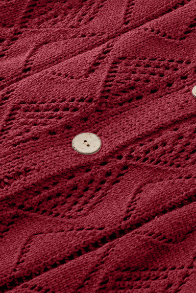 Red Button Up Hollow Out Loose Long Cardigan - Roses