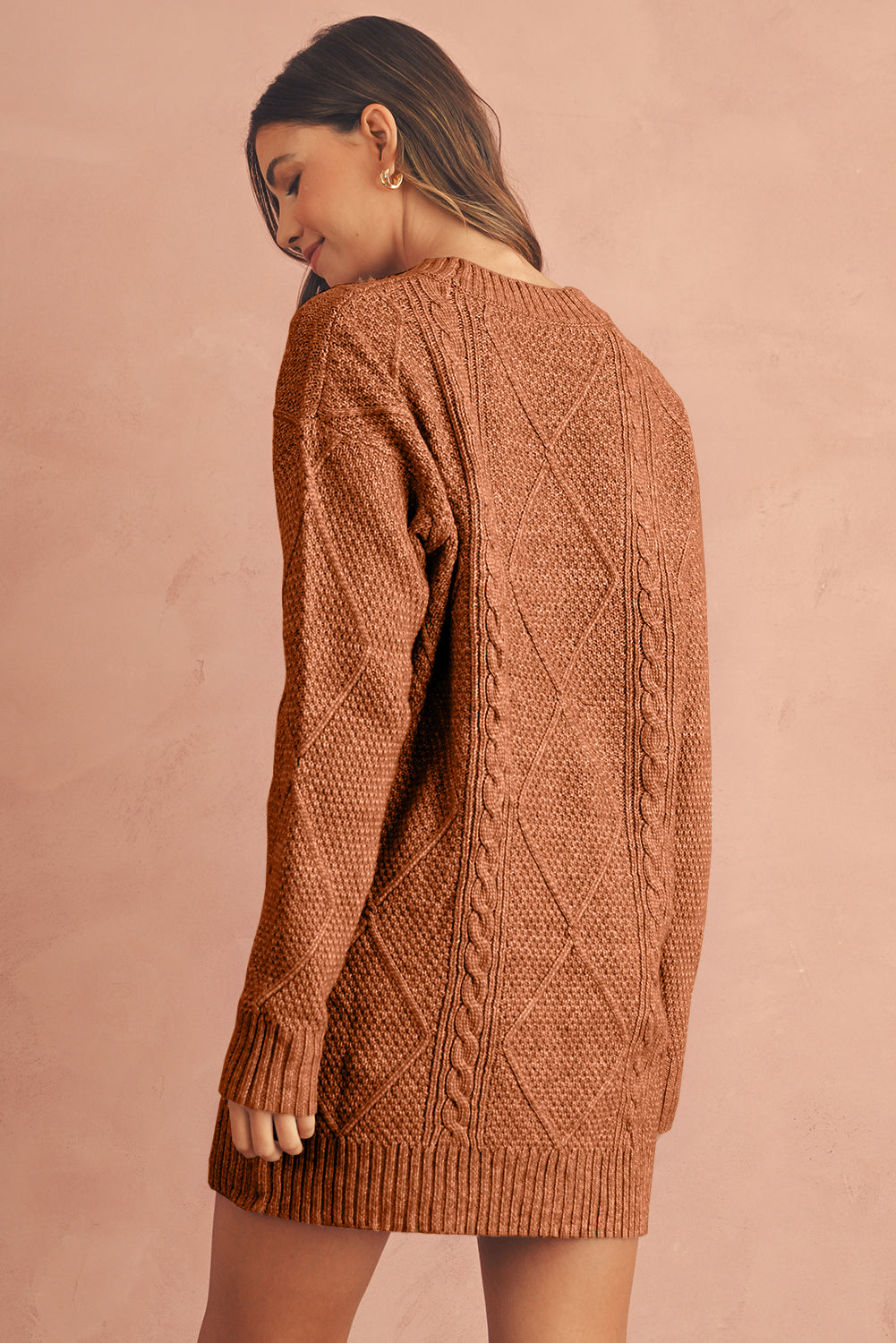 Coffee Twist Cable Knit Drop Shoulder Loose Fit Sweater Dress - Roses