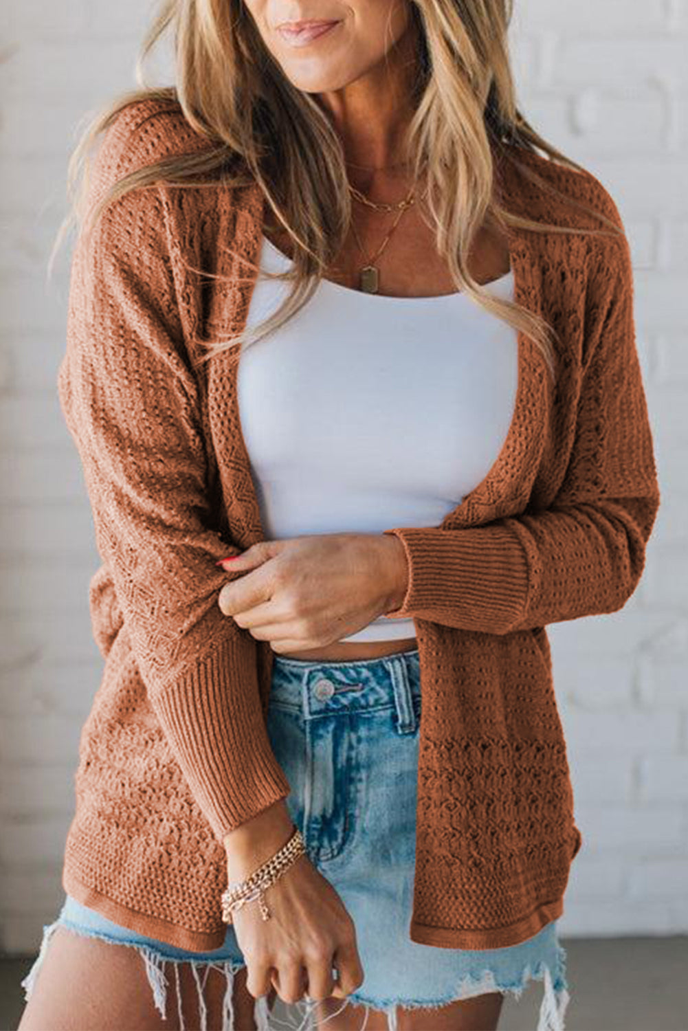 Redwood Burl Mix Pattern Hollow Knit Open Front Cardigan - Roses