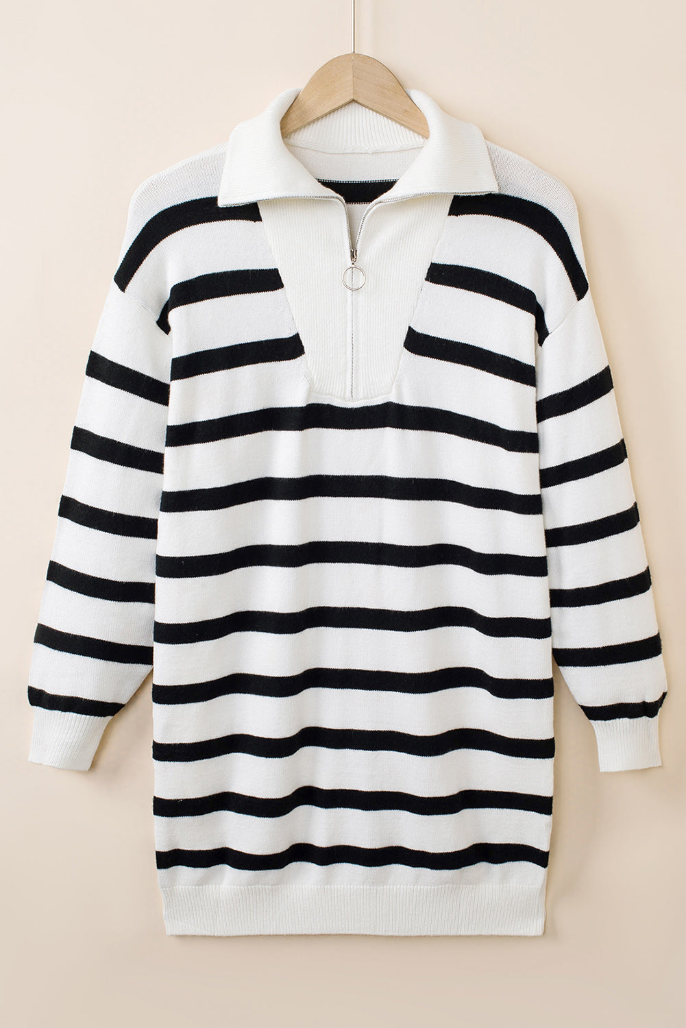 White Striped O-ring Zip Collared Loose Sweater Mini Dress - Roses